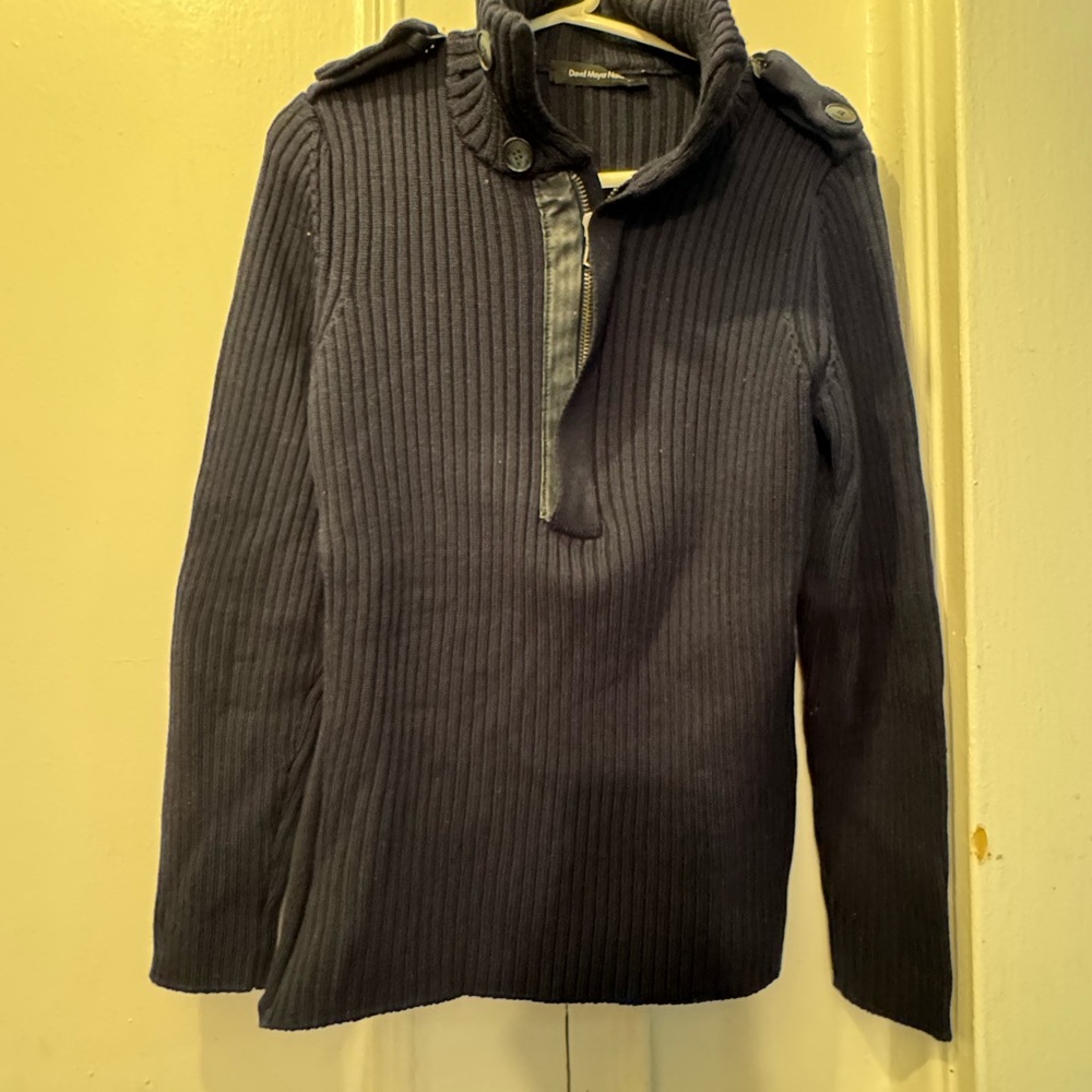 David Mayer Naman Black Ribbed Zip-Up Military Sweater with leather Italian Wool